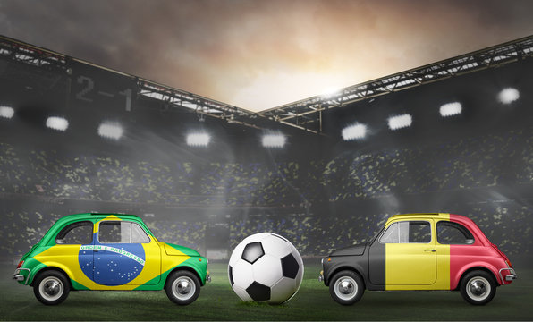 Brazil and Belgium flags on cars with soccer or football ball at stadium