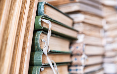 Vintage aged books stack bookmark detail