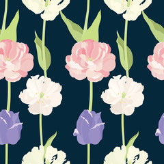 Pink and lilac tulips Seamless pattern Dark background