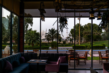 Beautiful view of Sheikh Zayed Grand mosque from a restaurant in Abu Dhabi.