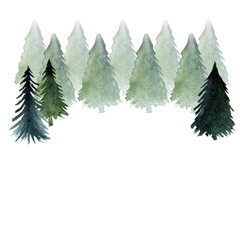 Fir-tree silhouette background. Green coniferous forest. Hand-drawn watercolor illustration