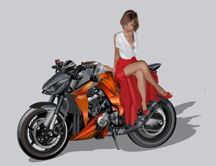 Naklejka na ściany i meble Woman in red dress sitting on a motorcycle vector illustration
