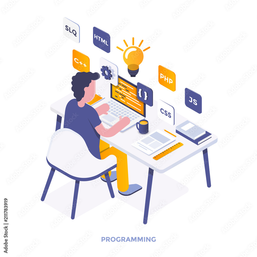Wall mural flat color modern isometric illustration - programming