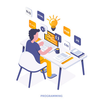 Flat color Modern Isometric Illustration - Programming