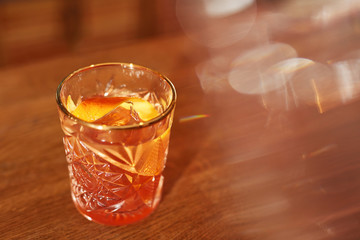 Cocktail Drink In Bar Close Up. Old Fashioned Cocktail 