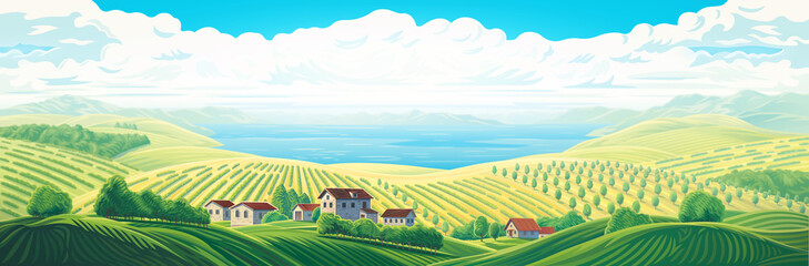 Rural panoramic landscape with a village and hills with gardens and fruit trees. Raster illustration.