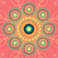 Vector circle of colored dots on background. Circular pattern. Decor rosette of points multiple size. Abstract hand dots frame. Vector illustration.