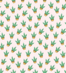 Seamless pattern with green hand drawn leaves in pots on the pink background. Modern graphic for t-shirt print, packaging, fabric, gift wrap, art. Hand Drawn textures