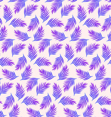 Seamless pattern with blue hand drawn leaves on the pink background. Modern graphic for t-shirt print, packaging, fabric, gift wrap, art. Hand Drawn textures