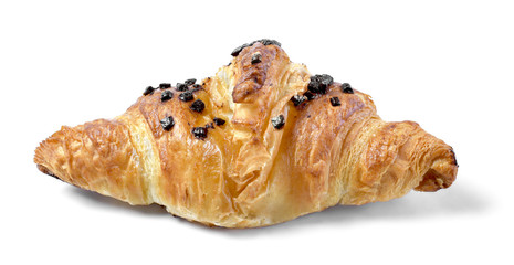 Delicious french chocolate croissant or butter croissant with chocolate filling and  chocolate crumbles. Fresh croissant, top view, isolated on white background.