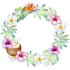 Wreath. Watercolor Tropical green leaves and flowers on the white background