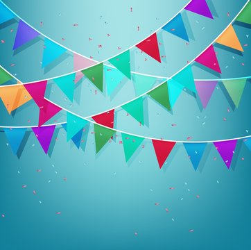 Festive background with Colorful Party Flags with Confetti on blue sky background