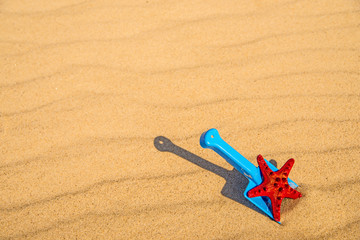 Fototapeta na wymiar beach with kid toys shovel, bucket and red sea star