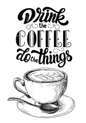 Life begins after coffee hand lettering, vintage calligraphy, brush handwriting type on white background with cup draft etching sketch. Vector drink illustration.