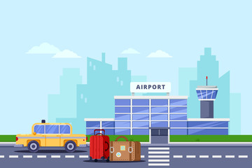 Obraz premium Airport terminal building, luggage bags and yellow cab, vector flat illustration. Taxi service and transfer concept.