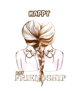 Happy Friendship day card Vector. Two girls united by hair braiding