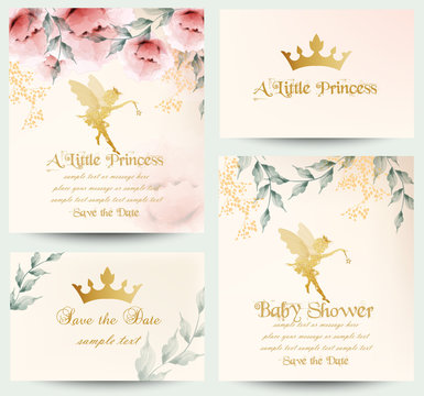 Happy birthday little princess cards set Vector. Delicate floral bouquets