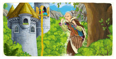 Cartoon scene of a princess - girl - sitting in the window near angry witch casting spell - illustration for children © honeyflavour
