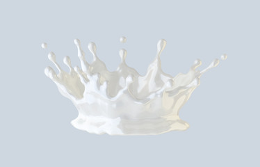 White liquid fresh milk, yogurt crown splash isolated on light background. Glossy shining milk, almond milk, soy, oat, coconut milk, yogurt, cream, shampoo, cosmetic soap. Liquid splashing 3D element