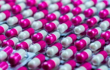 Closeup pink-white antibiotics capsule pills in blister pack. Antimicrobial resistance. Pharmaceutical industry. Global healthcare. Pharmacy background. Vitamin for love concept
