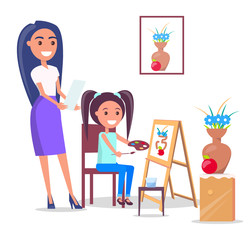 Teacher and Pupil in Arts Class in Flat Design