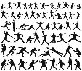 Vector silhouette collection of child man woman young and elderly playing baseball  softball - obrazy, fototapety, plakaty