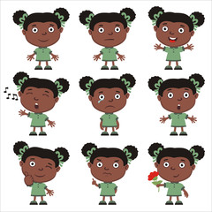 Collection of emoticons of funny girl in different poses isolated on white background.