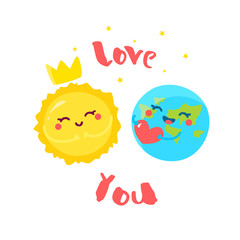 Cute Earth with heart and cartoon Sun on white background. Flat style. Vector illustration.