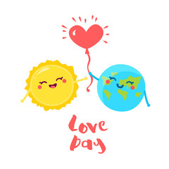 Cute Earth gives a balloon in the form of a heart for the Sun. Flat style. Vector illustration.