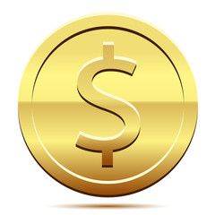 Golden icon of coin dollar white background.