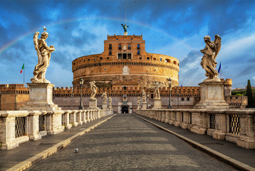 Mausoleum of Hadrian, known as Castel Sant Angelo (English: Castle of the Holy Angel), Rome, Italy. Bridge and Castle Sant Angelo in Rome, Italy. Built in ancient Rome. Architecture of Rome and Italy.
