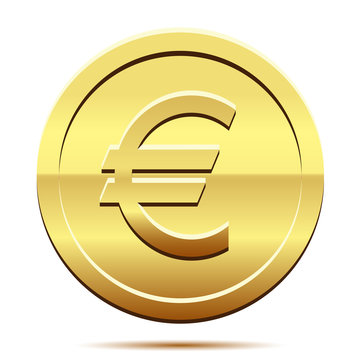 Golden icon of coin Euro on white background.