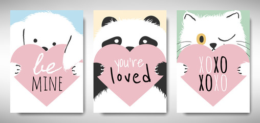Set of Valentines day card template design, dog, panda and cat holding heart with love message, simple pastel  theme