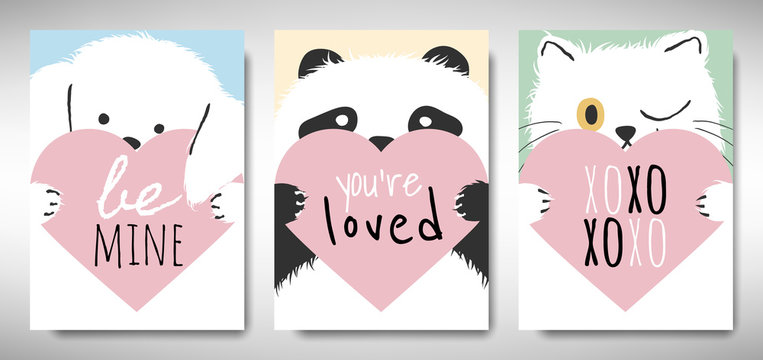 Set of Valentines day card template design, dog, panda and cat holding heart with love message, simple pastel  theme