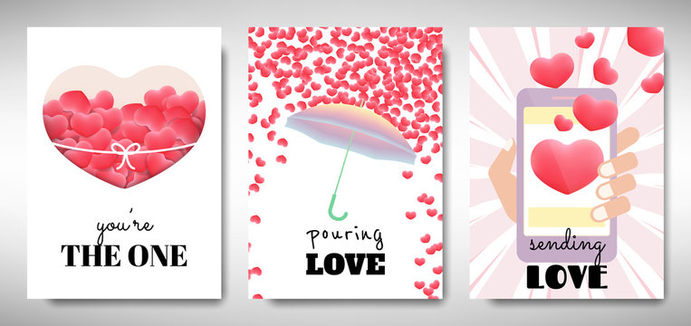 Set of Valentines day card template design, 3D red heart shape with love message, pastel red and pink theme