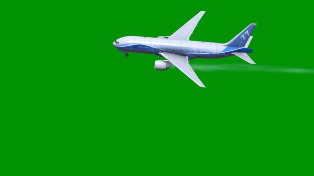 Airplane, with green screen background, coming down for a emergency landing. WITH smoke and sparks.