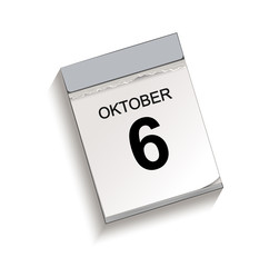 Kalender, Abreißkalender mit Datum 6 Oktober 
Vektor Illustration isoliert auf weißem Hintergrund