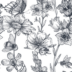 Vector seamless pattern with hand drawn chamomile, wildflowers, herbs, butterflies, bee