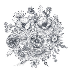 Floral composition. Bouquet with hand drawn flowers and plants.