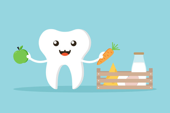Cute and happy vector cartoon tooth character with fresh crunchy fruits, vegetables and dairy farm products for keeping teeth healthy.
