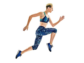 one young caucasian woman runner running jogger jogging studio isolated in white background