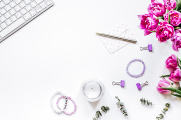 Trendy design of workdesk with blossom on white background top v