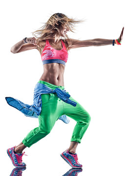 one caucasian woman zumba dancers dancing fitness exercising excercises in studio isolated on white background