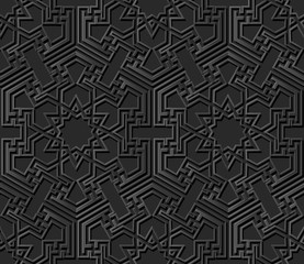 3D dark paper art Islamic geometry cross pattern seamless background