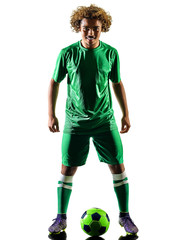 one mixed race young teenager soccer player man playing in silhouette isolated on white background