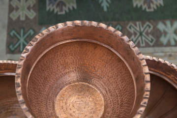 copper kitchenware in the shop.copper materials concept.