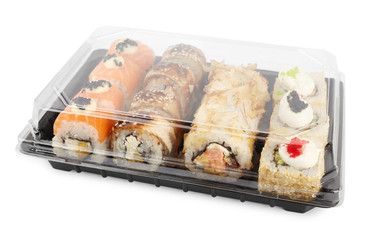 set of sushi rolls in a plastic box, delivered home ready to eat fast healthy food, isolated on white