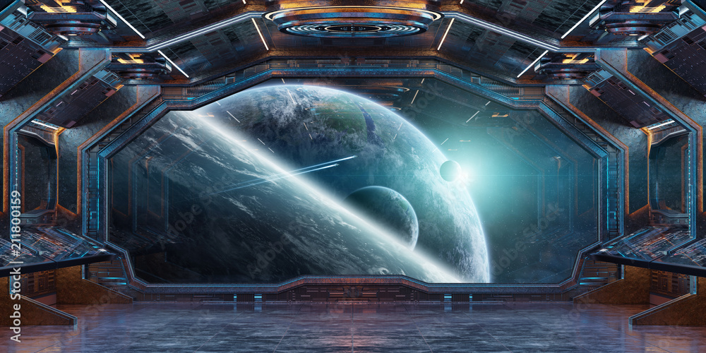 Wall mural grunge spaceship interior with view on planet earth 3d rendering