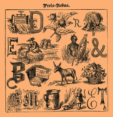 Illustrated rebus game printed on a 19th century Swiss magazine in German language - obrazy, fototapety, plakaty