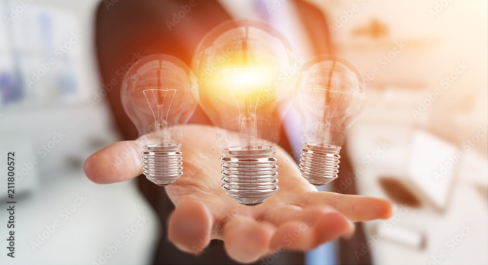 Poster businessman connecting modern lightbulbs with connections 3d rendering
